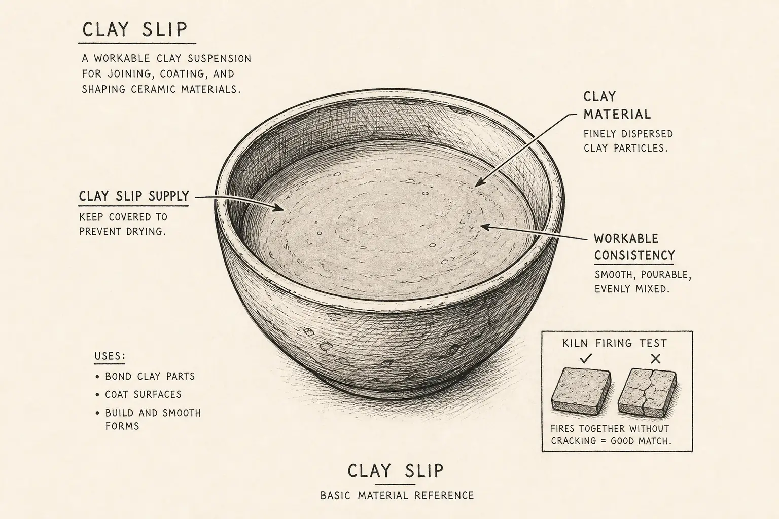 Field sketch of Clay Slip, highlighting clay slip supply, clay, kiln firing test, material.