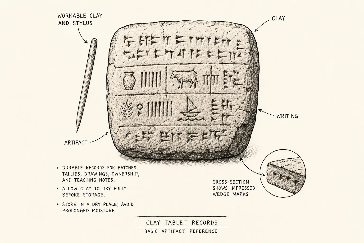 Field sketch of Clay tablet records, highlighting workable clay and stylus, clay, writing, artifact.