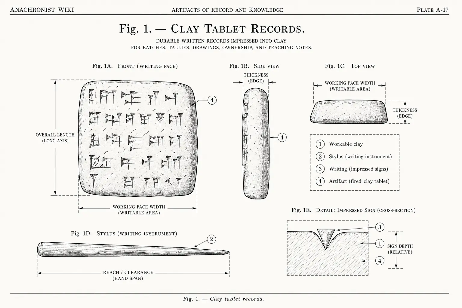 Schematic diagram of Clay tablet records, highlighting workable clay and stylus, clay, writing, artifact and major working relationships.