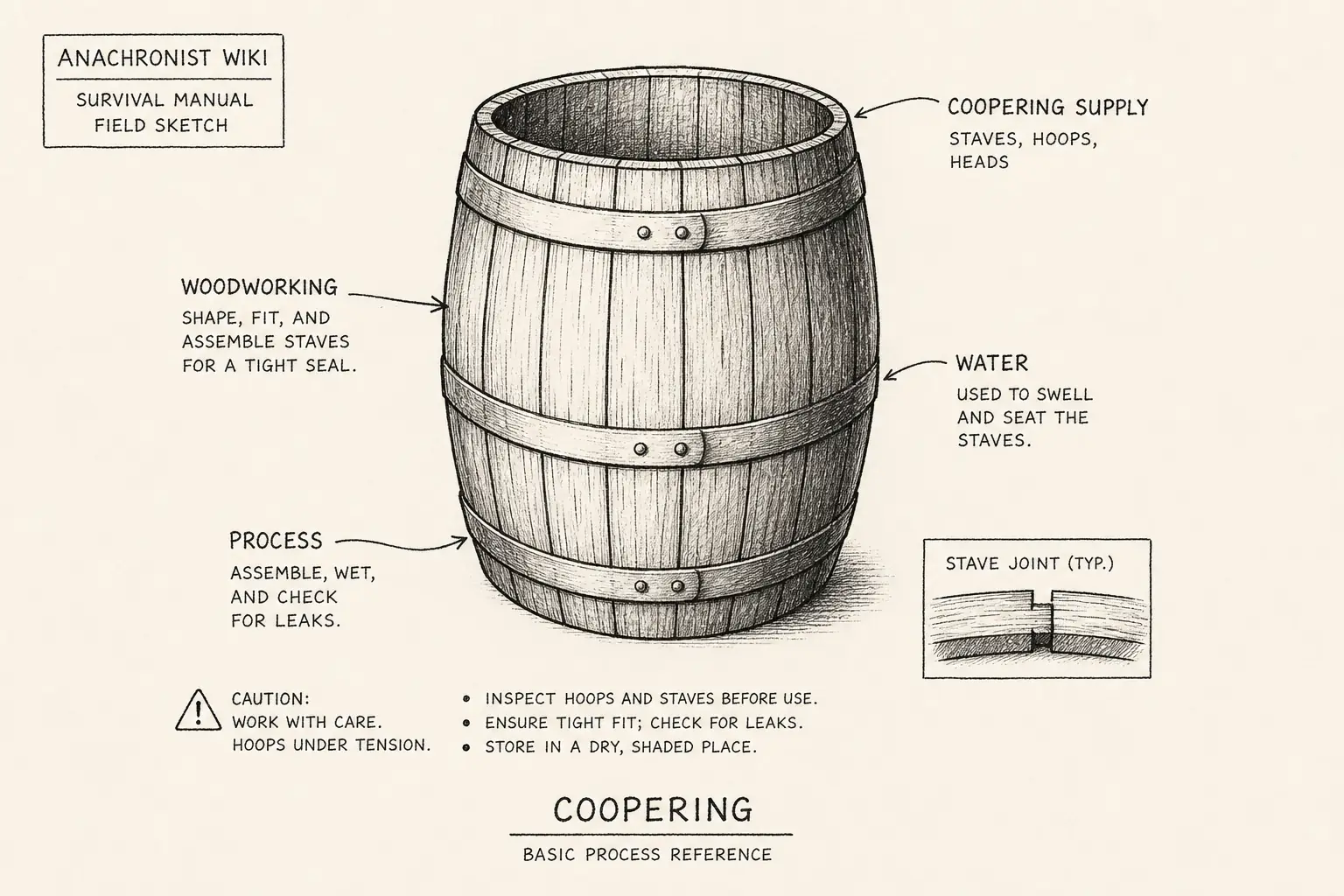 Field sketch of Coopering, highlighting coopering supply, woodworking, water, process.