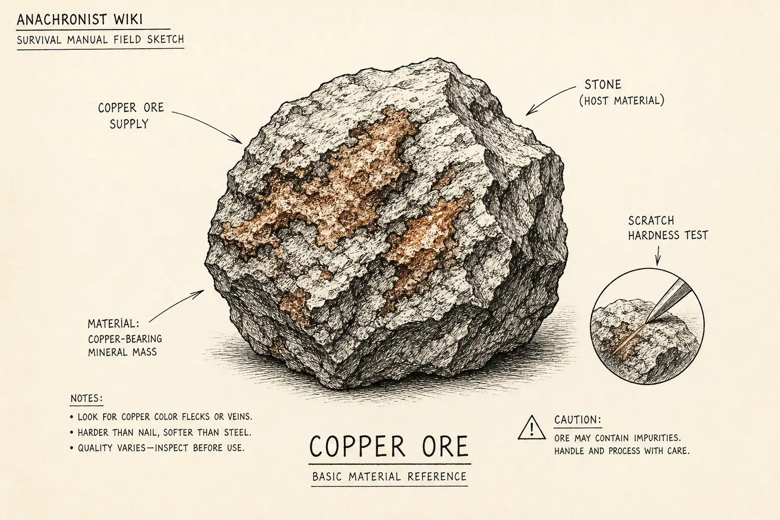 Field sketch of Copper Ore, highlighting copper ore supply, stone, scratch hardness test, material.