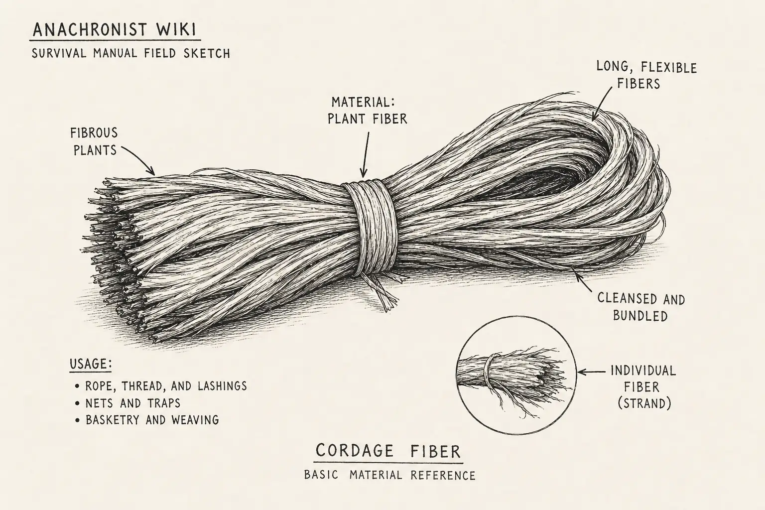 Field sketch of Cordage fiber, highlighting fibrous plants, cutting edge, material.
