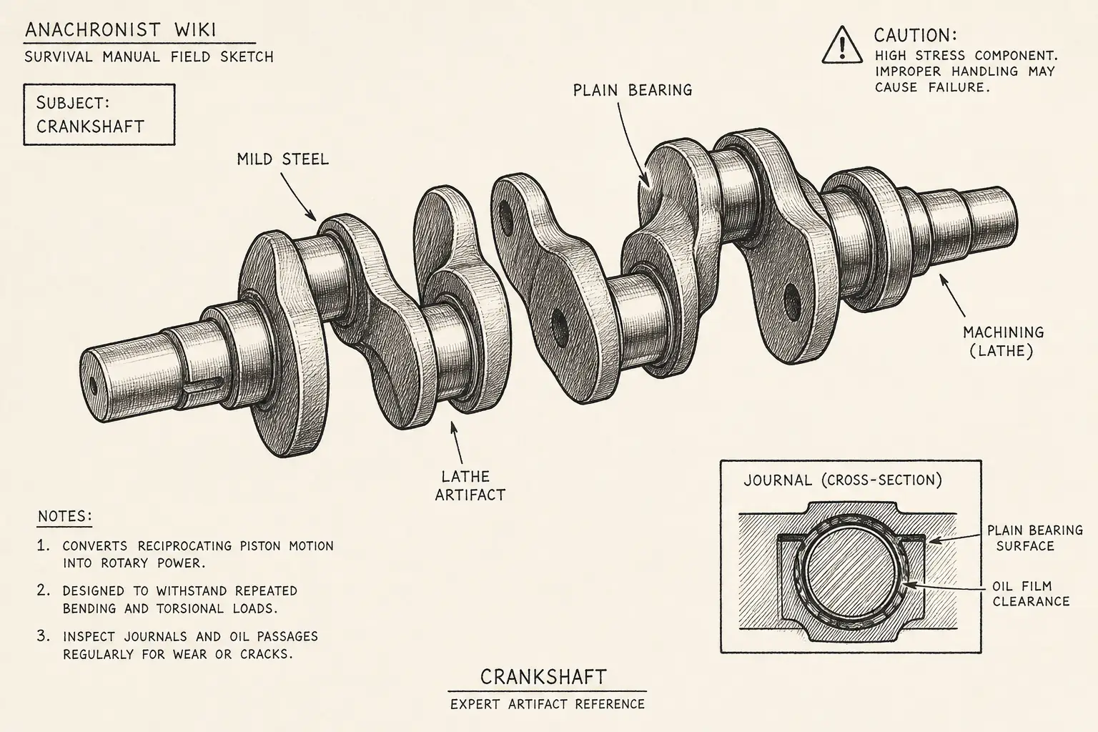 Field sketch of Crankshaft, highlighting mild steel, plain bearing, machining, lathe.