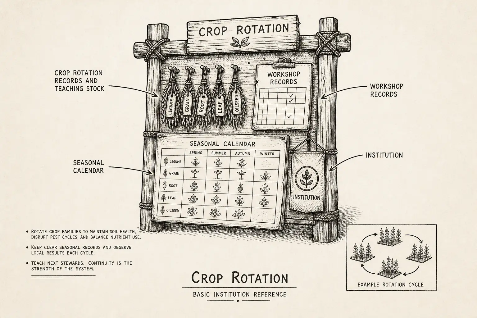 Field sketch of Crop Rotation, highlighting crop rotation records and teaching stock, workshop records, seasonal calendar, institution.