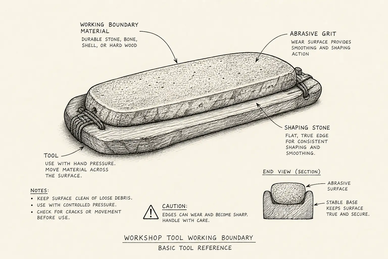Field sketch of Cutting edge, highlighting edge material, stone hammer, abrasive grit, tool.