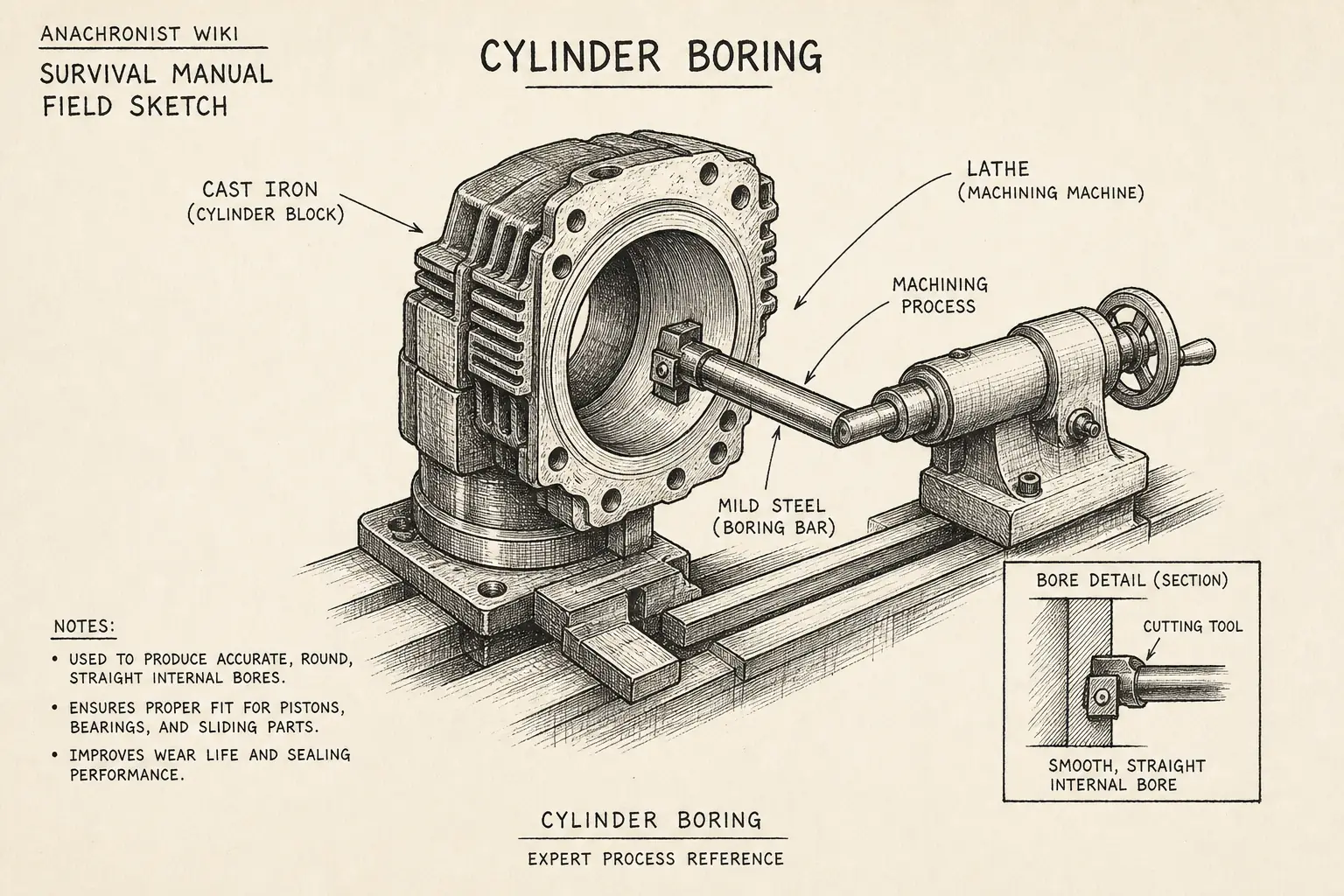 Field sketch of Cylinder boring, highlighting mild steel, cast iron, lathe, machining.