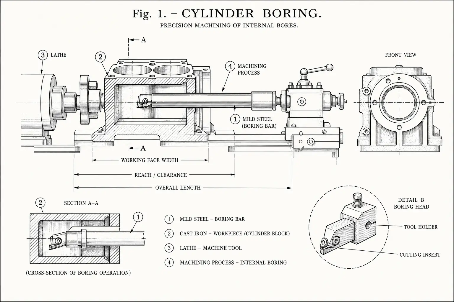 Schematic diagram of Cylinder boring, highlighting mild steel, cast iron, lathe, machining and major working relationships.