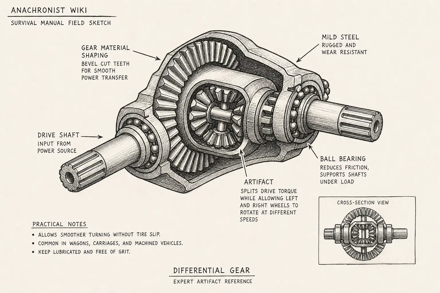 Field sketch of Differential gear, highlighting mild steel, ball bearing, gear cutting, drive shaft.