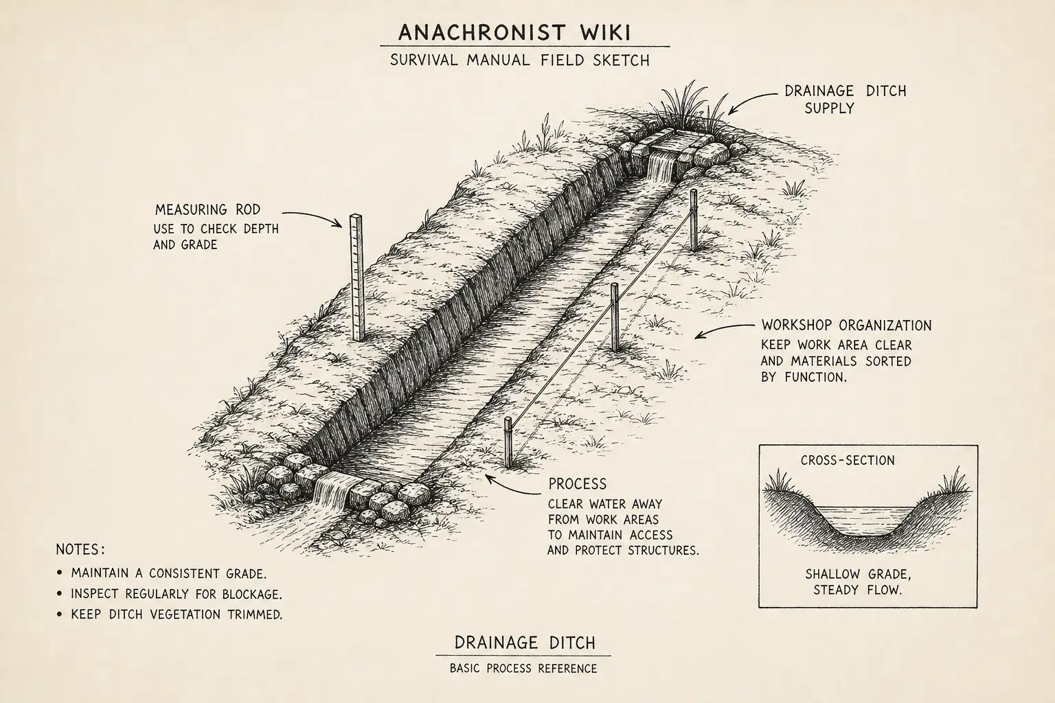 Field sketch of Drainage Ditch, highlighting drainage ditch supply, measuring rod, workshop organization, process.