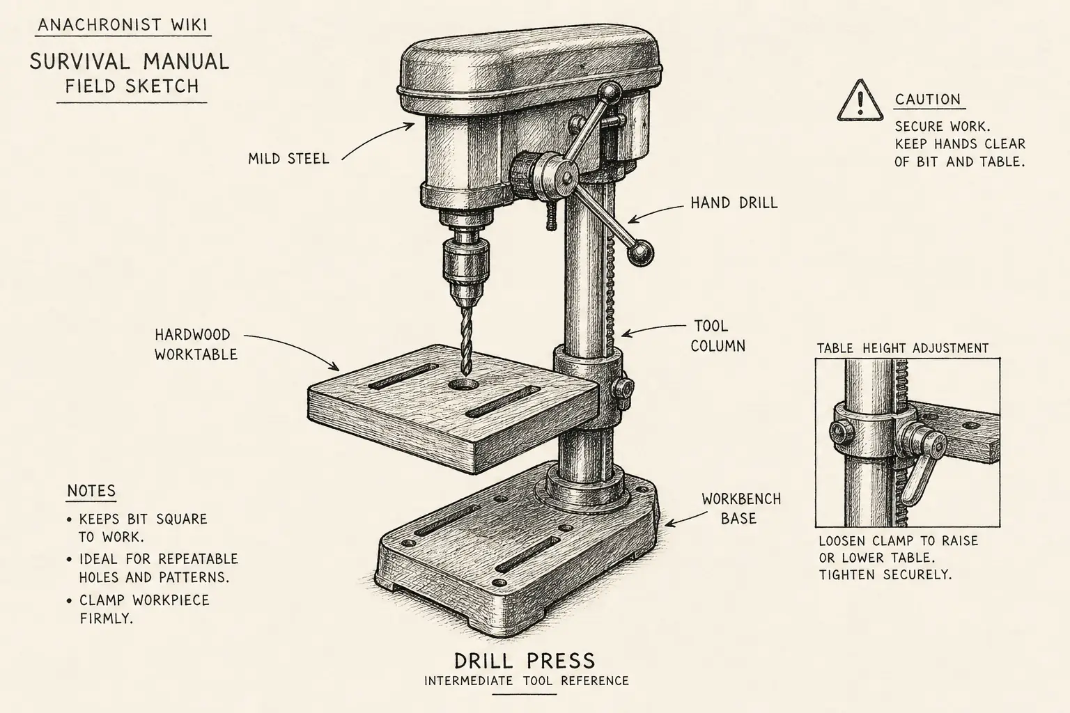 Field sketch of Drill press, highlighting mild steel, hardwood, hand drill, workbench.