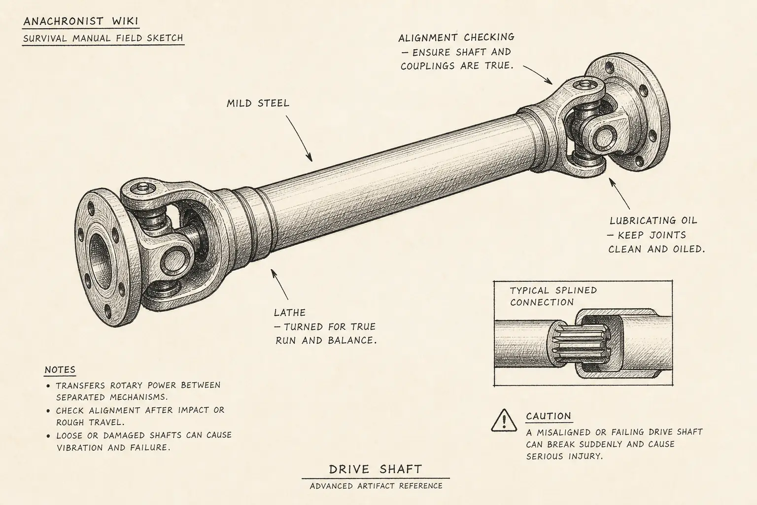 Field sketch of Drive shaft, highlighting mild steel, lubricating oil, lathe, alignment checking.