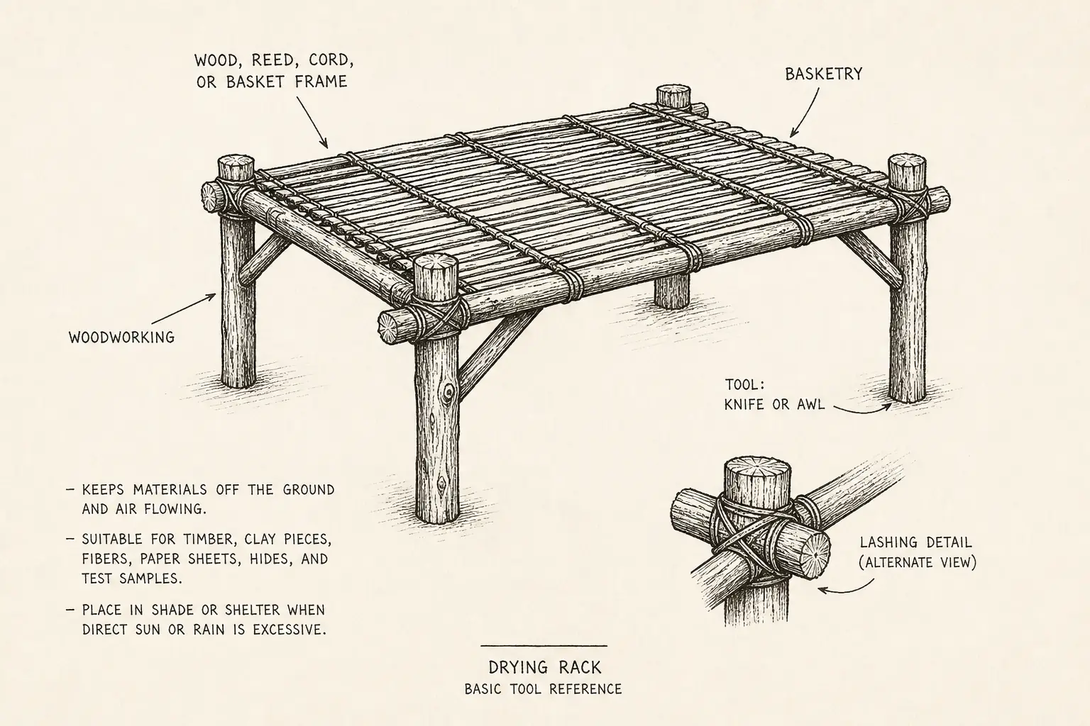 Field sketch of Drying rack, highlighting wood, reed, cord, or basket frame, woodworking, basketry, tool.