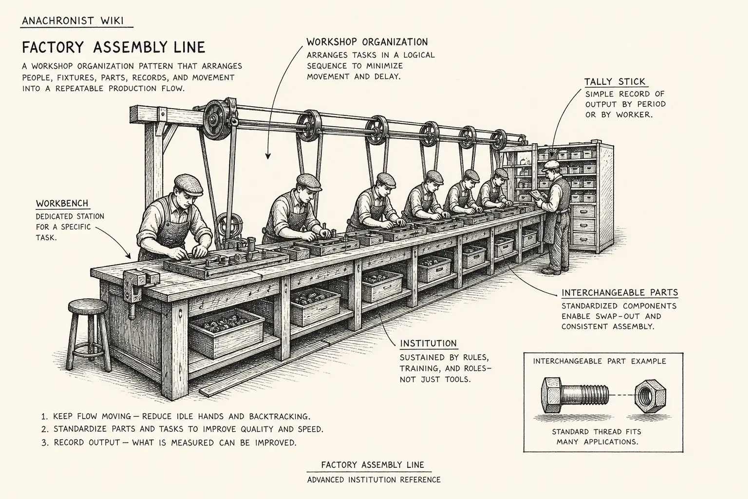 Field sketch of Factory assembly line, highlighting workbench, tally stick, workshop organization, interchangeable parts.