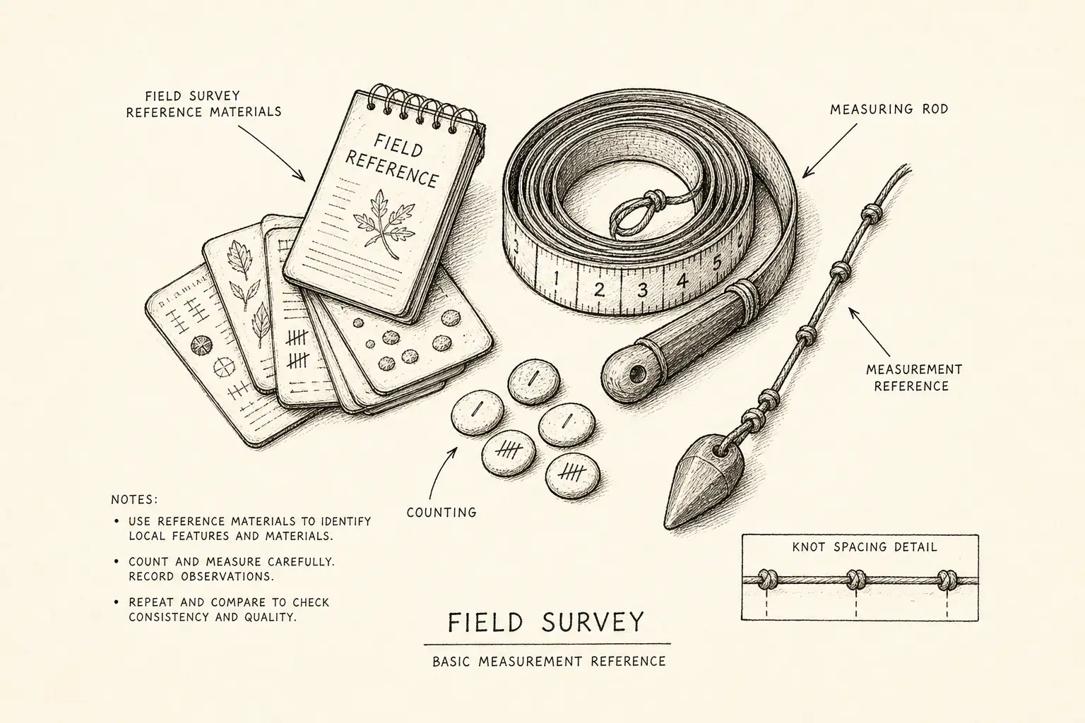 Field sketch of Field Survey, highlighting field survey reference materials, counting, measuring rod, measurement.