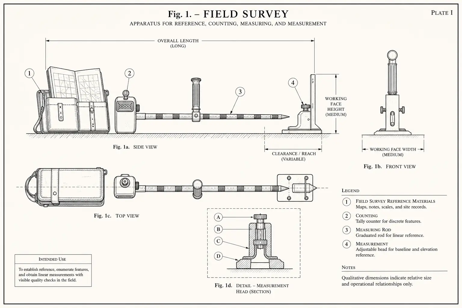 Schematic diagram of Field Survey, highlighting field survey reference materials, counting, measuring rod, measurement and major working relationships.
