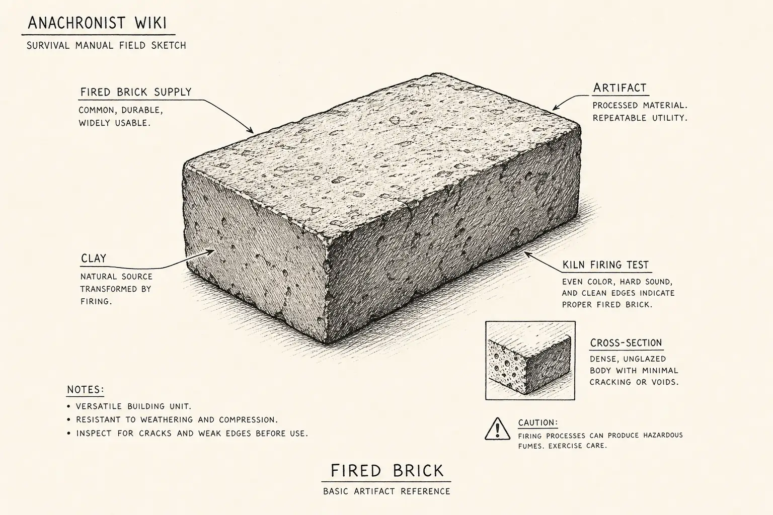 Field sketch of Fired Brick, highlighting fired brick supply, clay, kiln firing test, artifact.