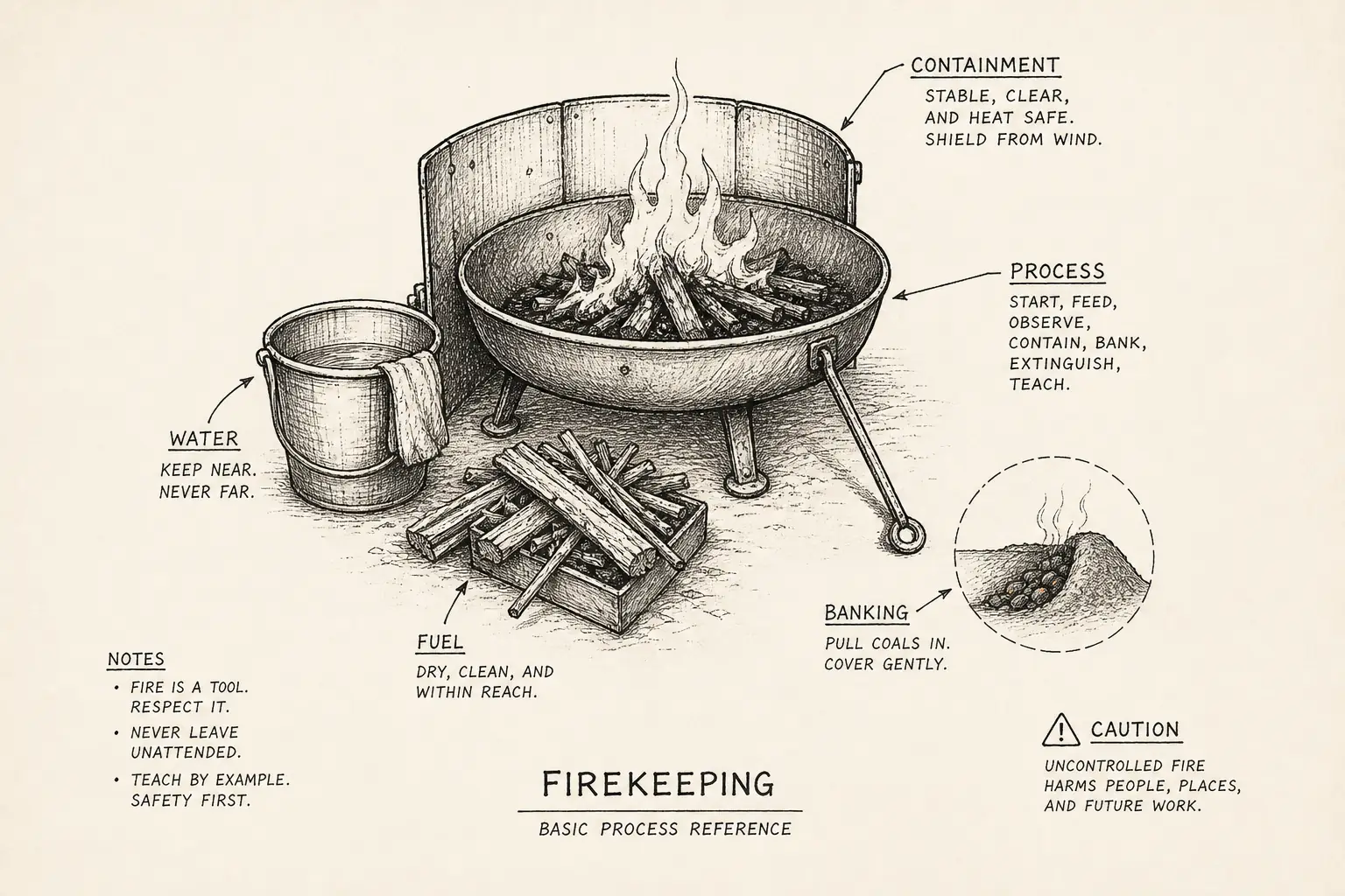 Field sketch of Firekeeping, highlighting fuel, water, process.