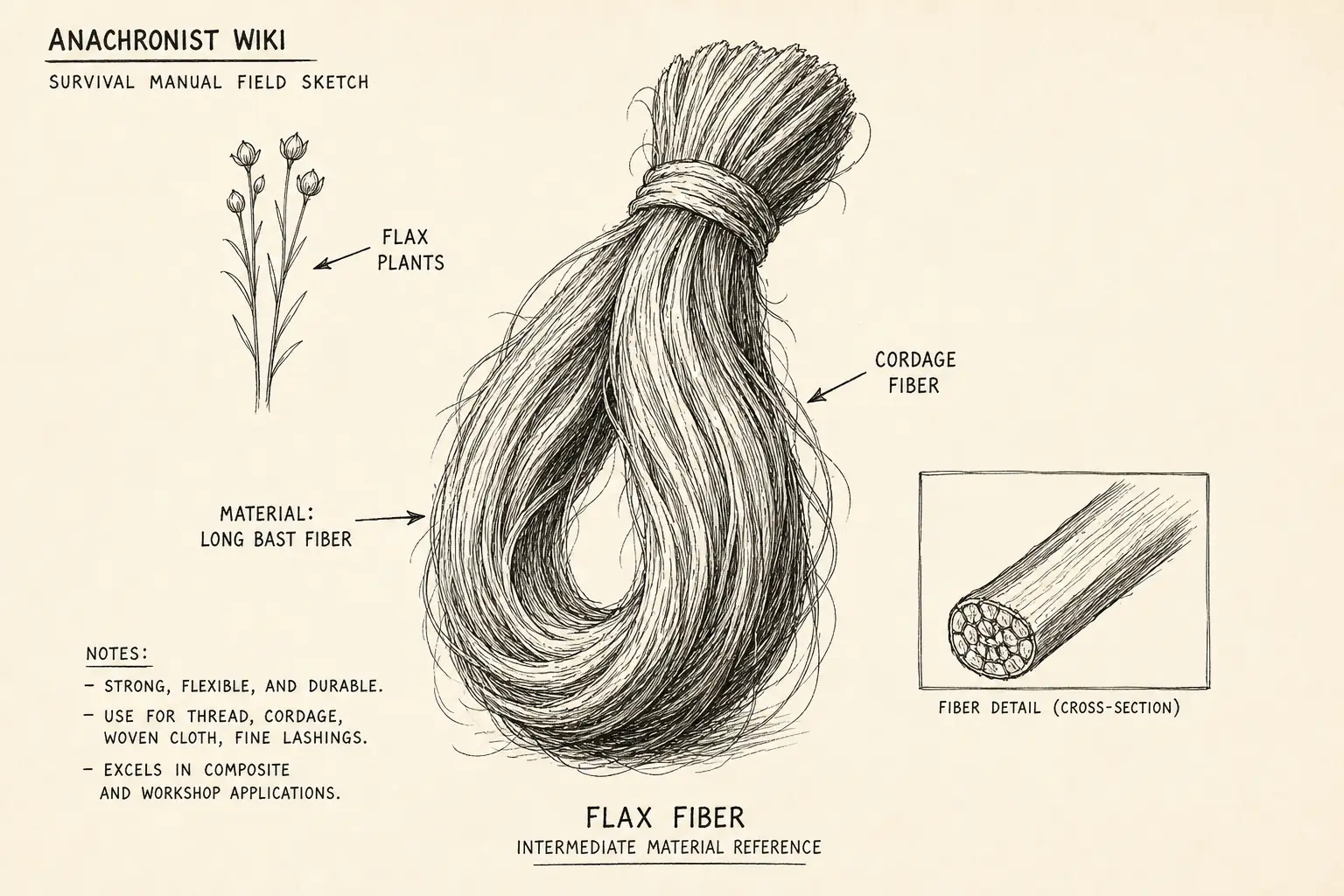 Field sketch of Flax fiber, highlighting flax plants, cordage fiber, material.