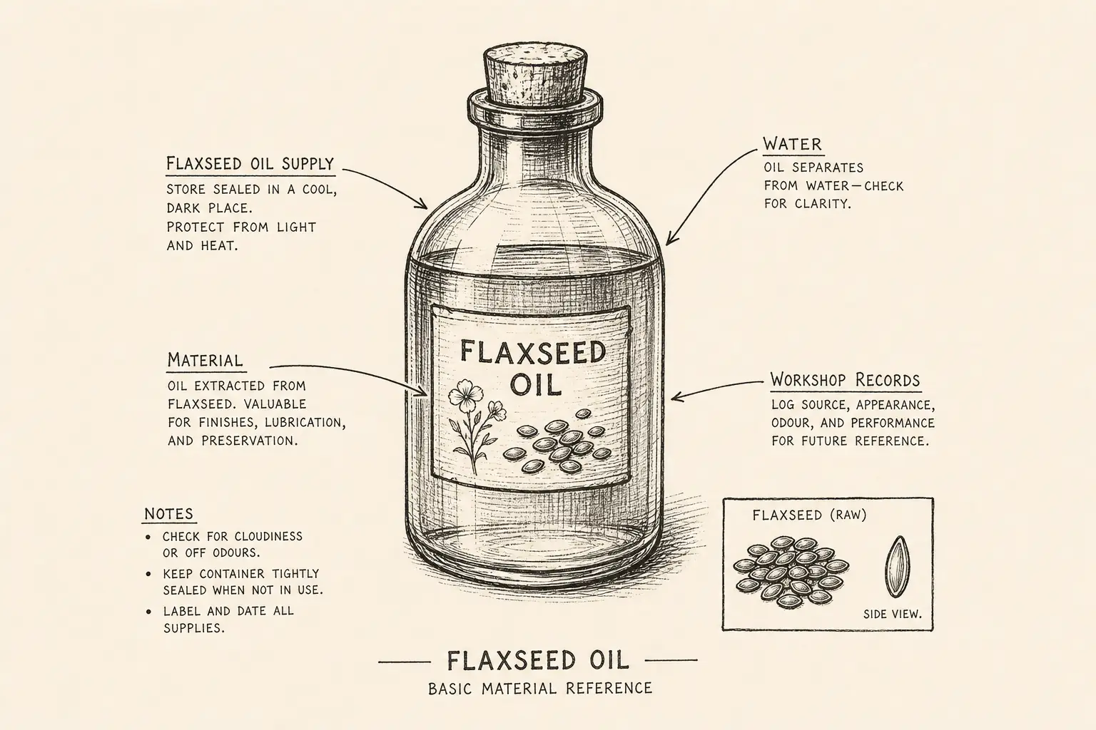 Field sketch of Flaxseed Oil, highlighting flaxseed oil supply, water, workshop records, material.