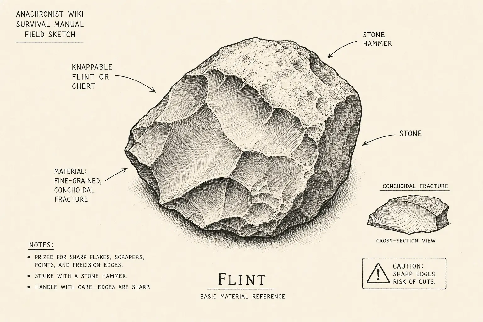 Field sketch of Flint, highlighting knappable flint or chert, stone, stone hammer, material.