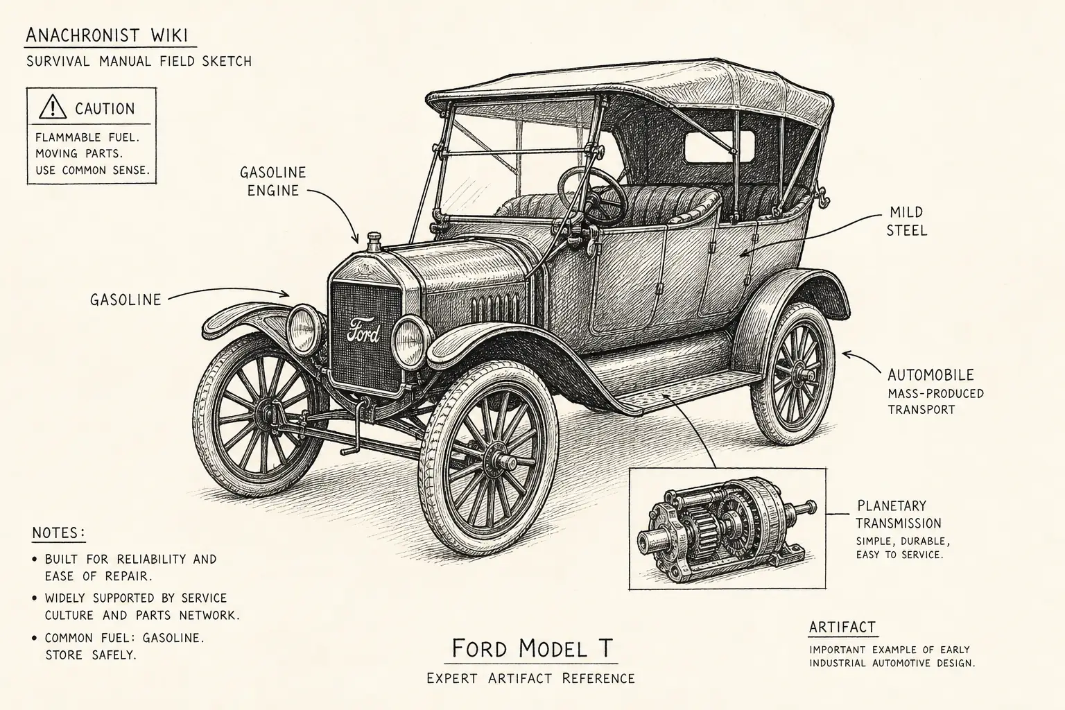 Field sketch of Ford Model T, highlighting mild steel, gasoline, automobile, gasoline engine.