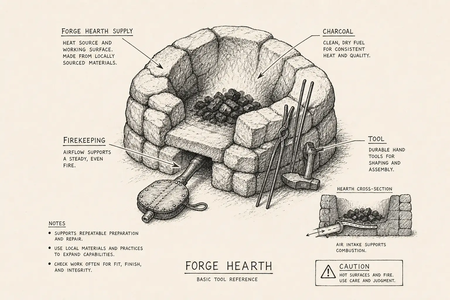 Field sketch of Forge Hearth, highlighting forge hearth supply, firekeeping, charcoal, tool.