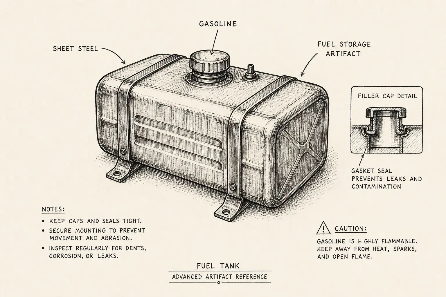 Field sketch of Fuel tank, highlighting sheet steel, gasoline, fuel storage, artifact.