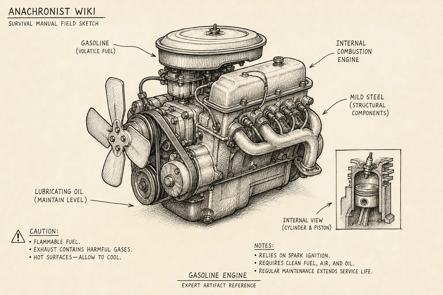 Field sketch of Gasoline engine, highlighting lubricating oil, mild steel, internal combustion engine, gasoline.