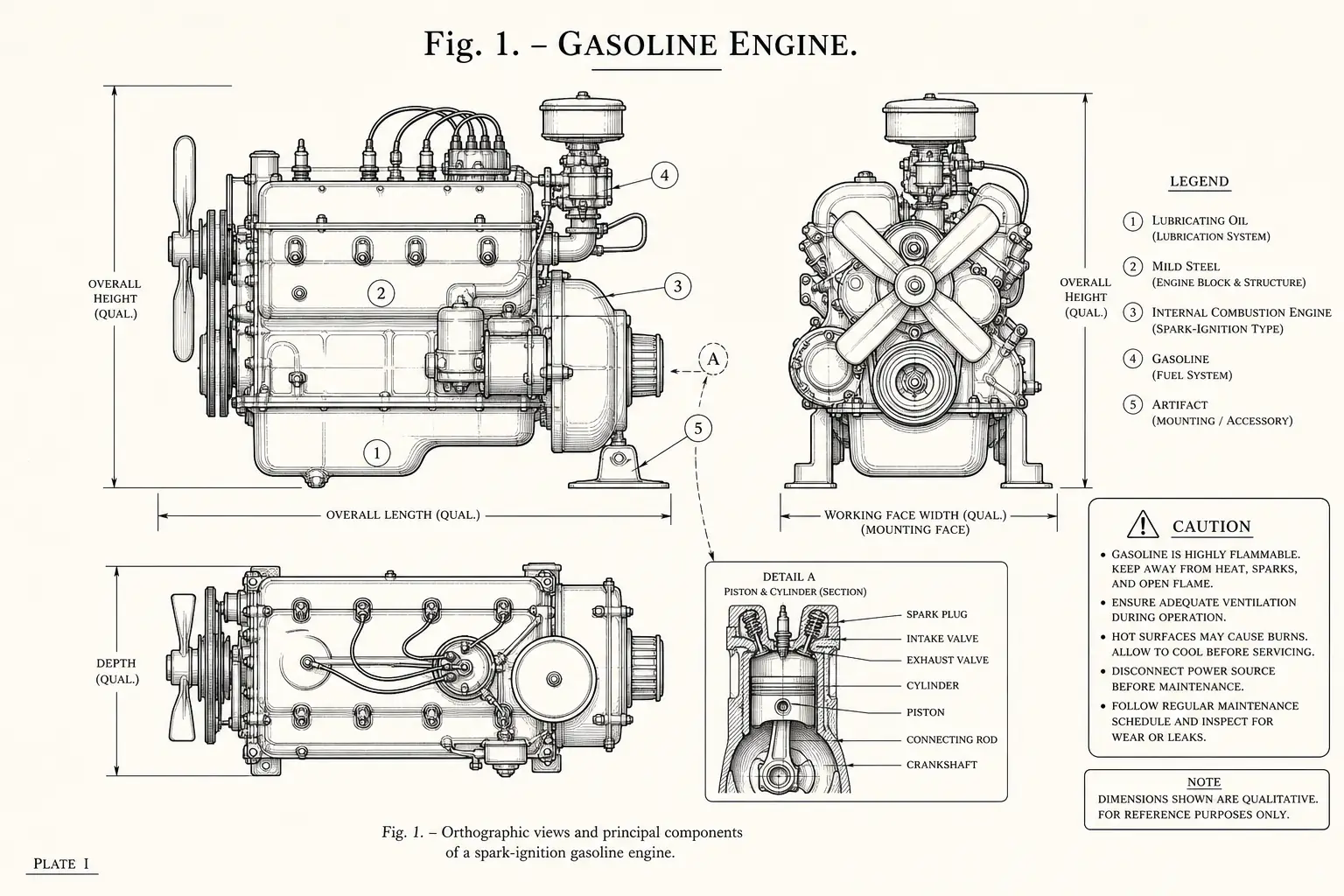 Schematic diagram of Gasoline engine, highlighting lubricating oil, mild steel, internal combustion engine, gasoline and major working relationships.