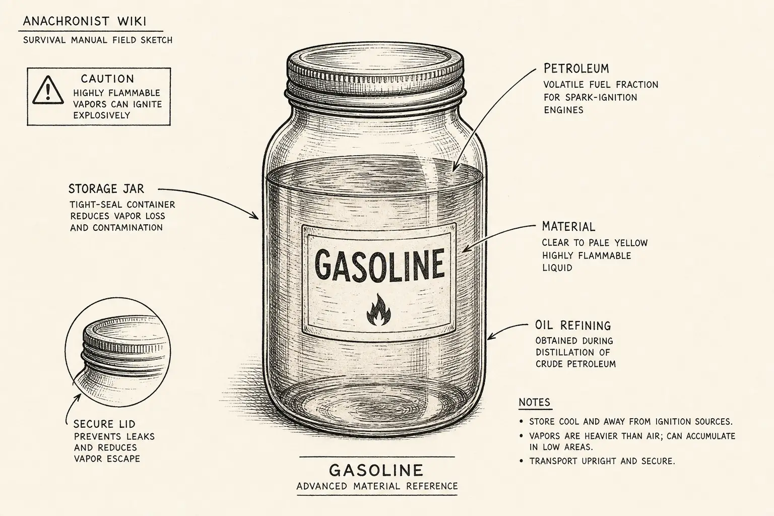 Field sketch of Gasoline, highlighting petroleum, storage jar, oil refining, material.