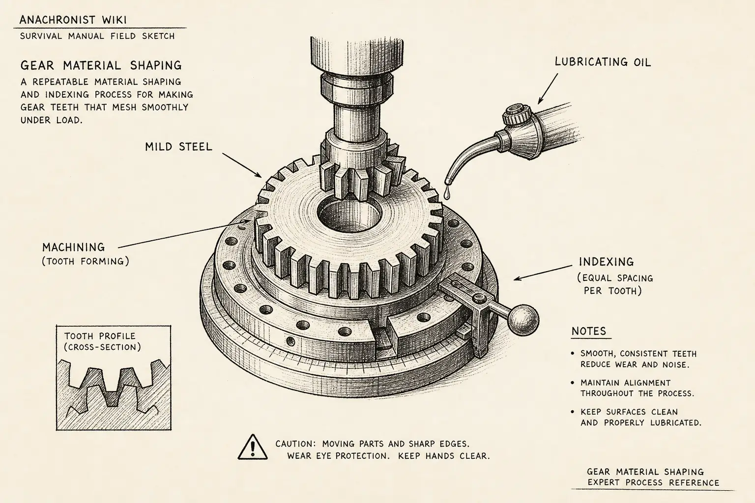 Field sketch of Gear cutting, highlighting mild steel, lubricating oil, machining, indexing.