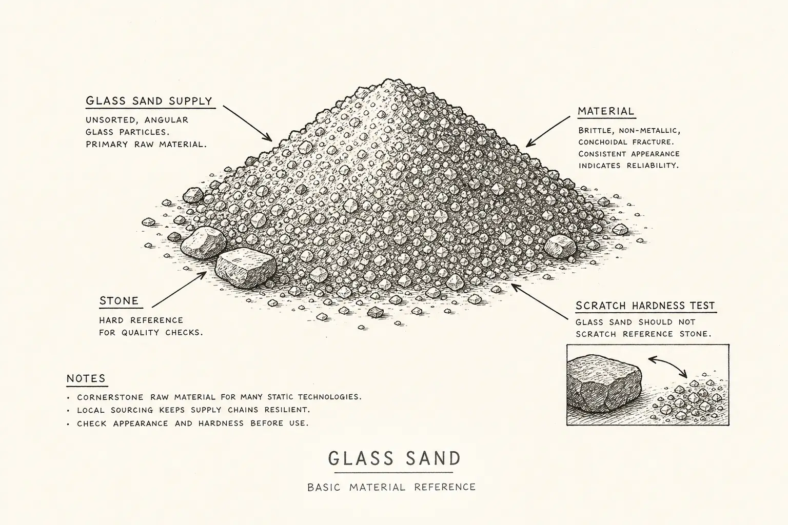 Field sketch of Glass Sand, highlighting glass sand supply, stone, scratch hardness test, material.