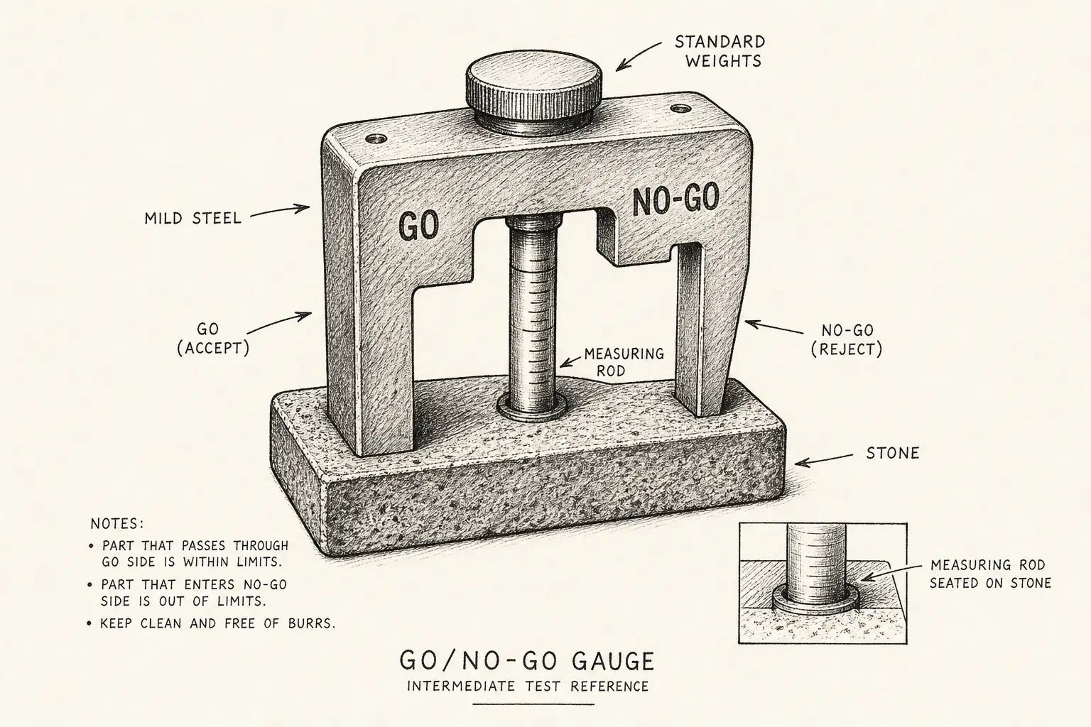 Field sketch of Go/no-go gauge, highlighting mild steel, stone, standard weights, measuring rod.