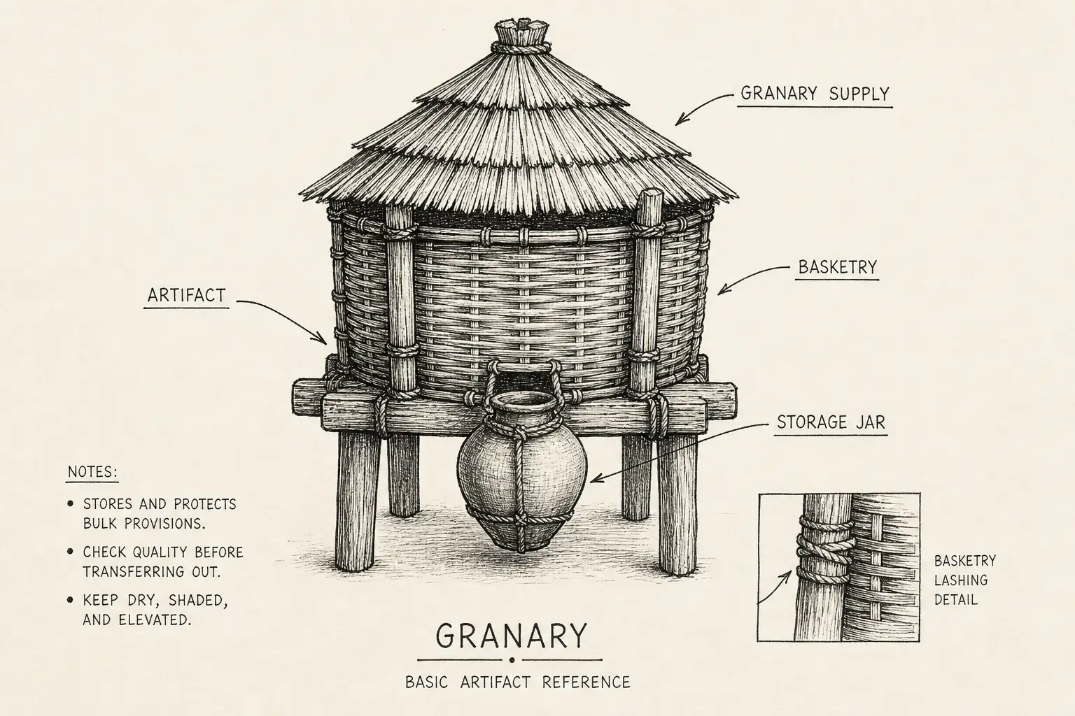 Field sketch of Granary, highlighting granary supply, basketry, storage jar, artifact.