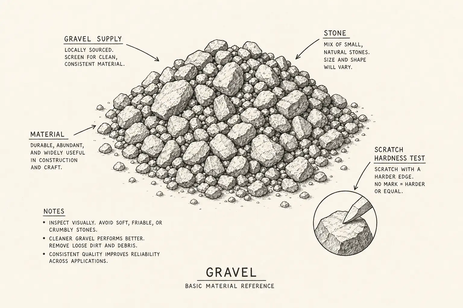 Field sketch of Gravel, highlighting gravel supply, stone, scratch hardness test, material.