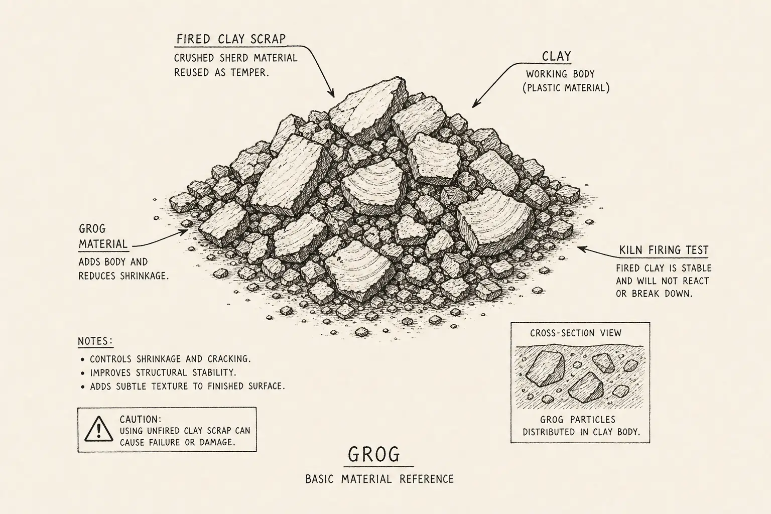 Field sketch of Grog, highlighting fired clay scrap, clay, kiln firing test, material.