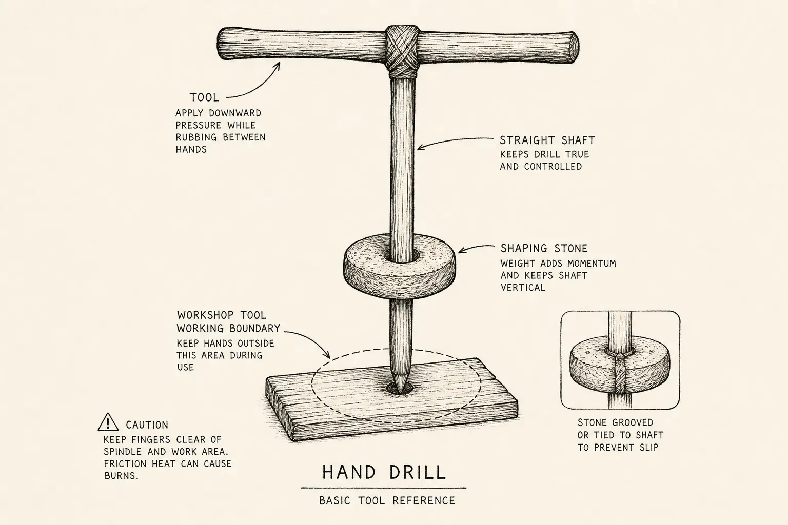 Field sketch of Hand drill, highlighting straight shaft, cutting edge, stone hammer, tool.