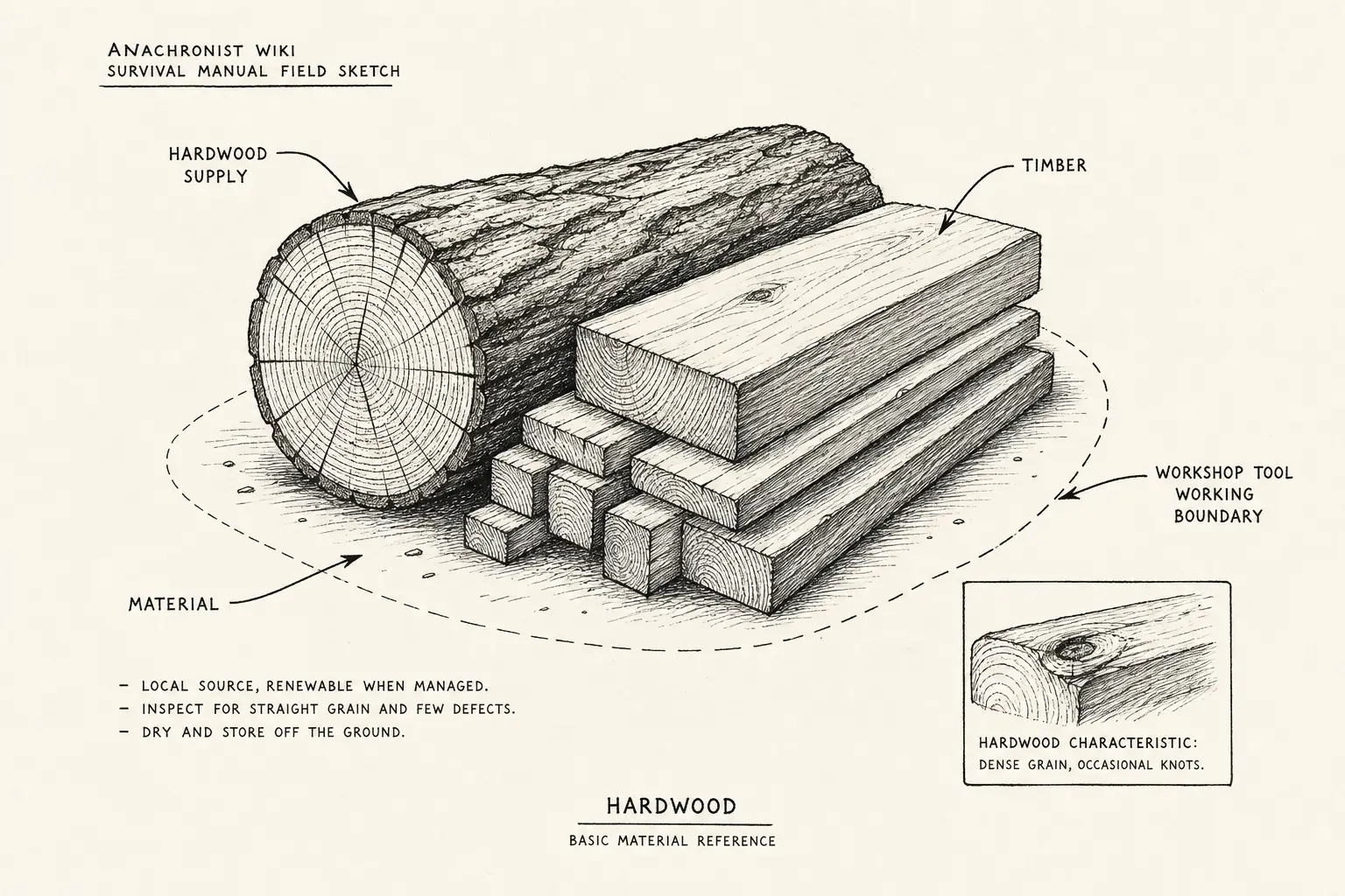 Field sketch of Hardwood, highlighting hardwood supply, timber, cutting edge, material.