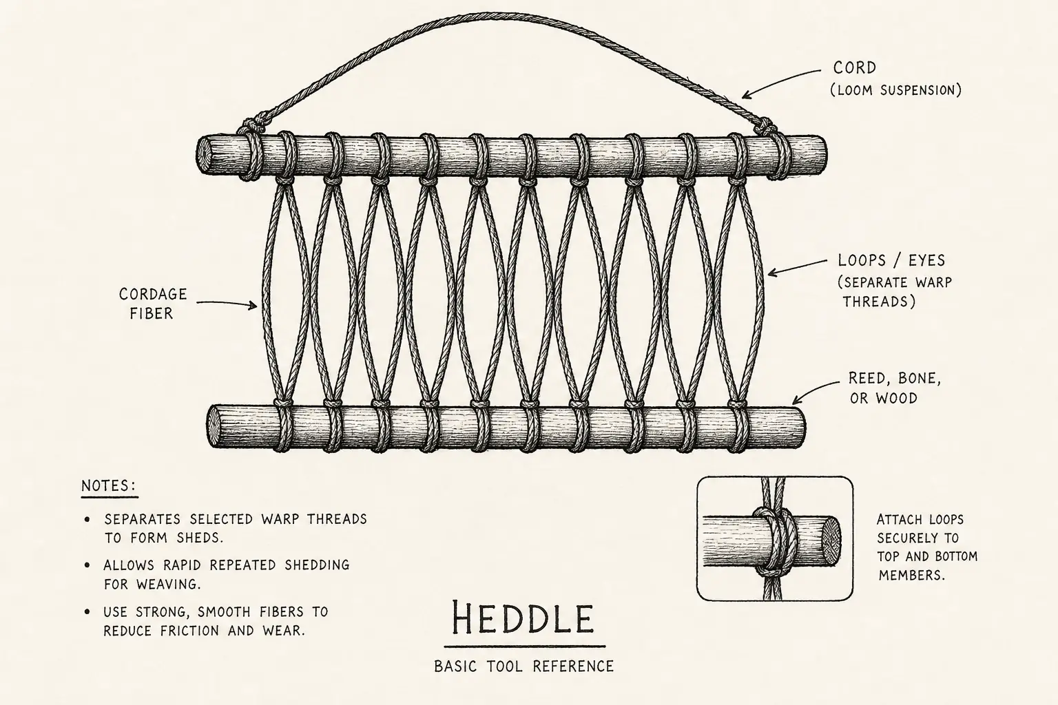Field sketch of Heddle, highlighting cord, reed, bone, or wood, loom, cordage fiber, tool.