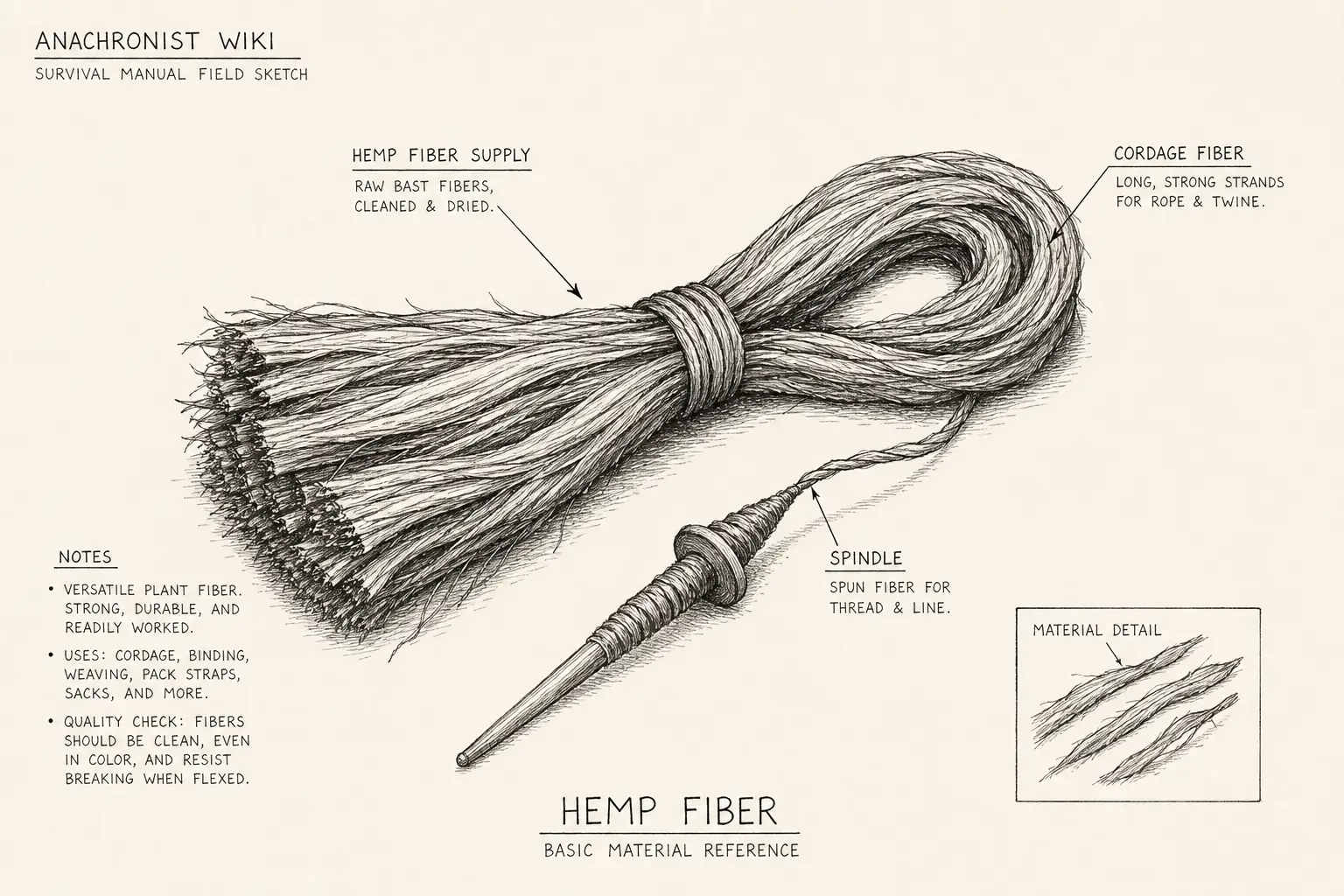 Field sketch of Hemp Fiber, highlighting hemp fiber supply, cordage fiber, spindle, material.
