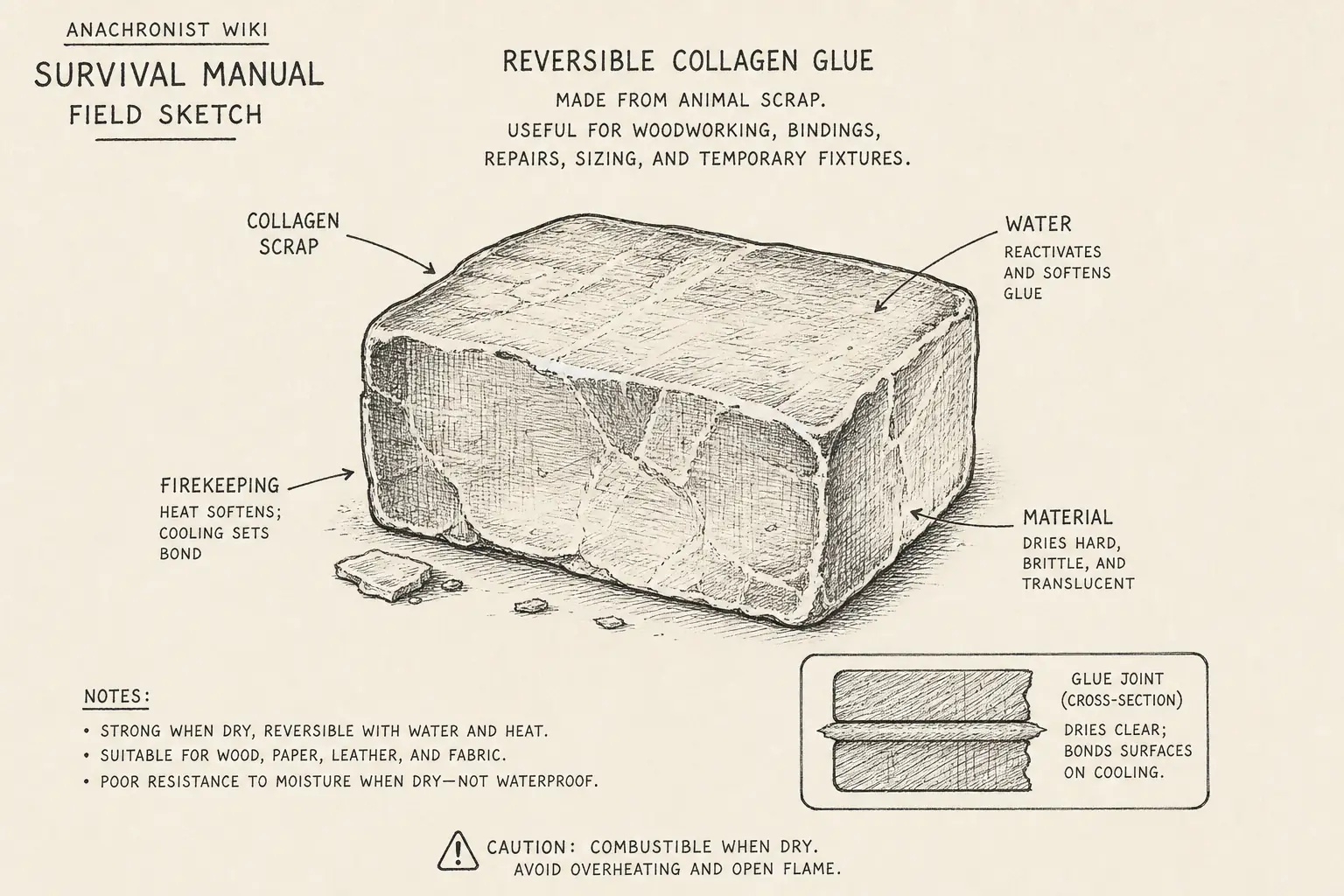 Field sketch of Hide glue, highlighting collagen scrap, water, firekeeping, material.