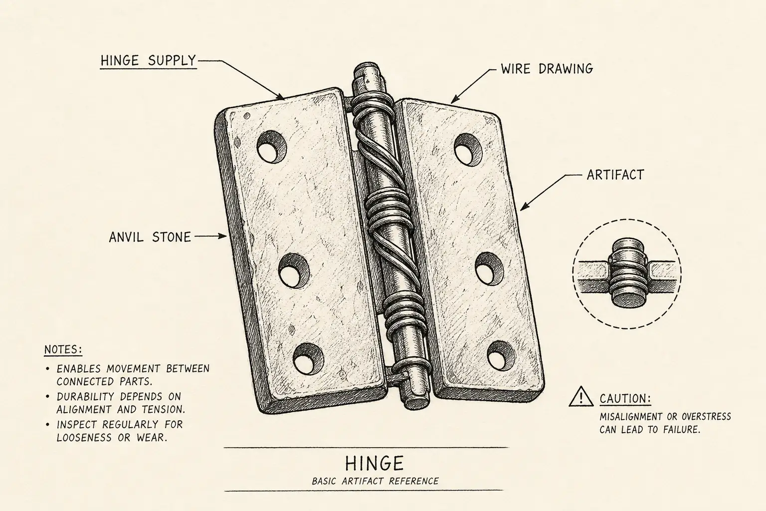 Field sketch of Hinge, highlighting hinge supply, wire drawing, anvil stone, artifact.