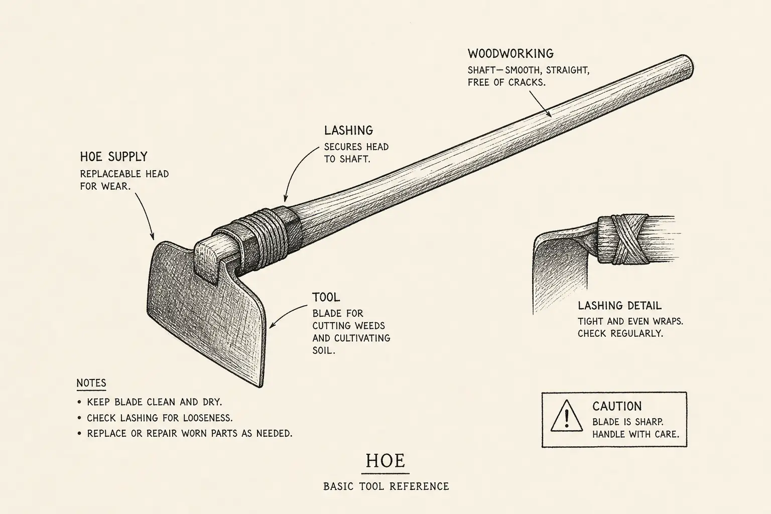 Field sketch of Hoe, highlighting hoe supply, woodworking, lashing, tool.