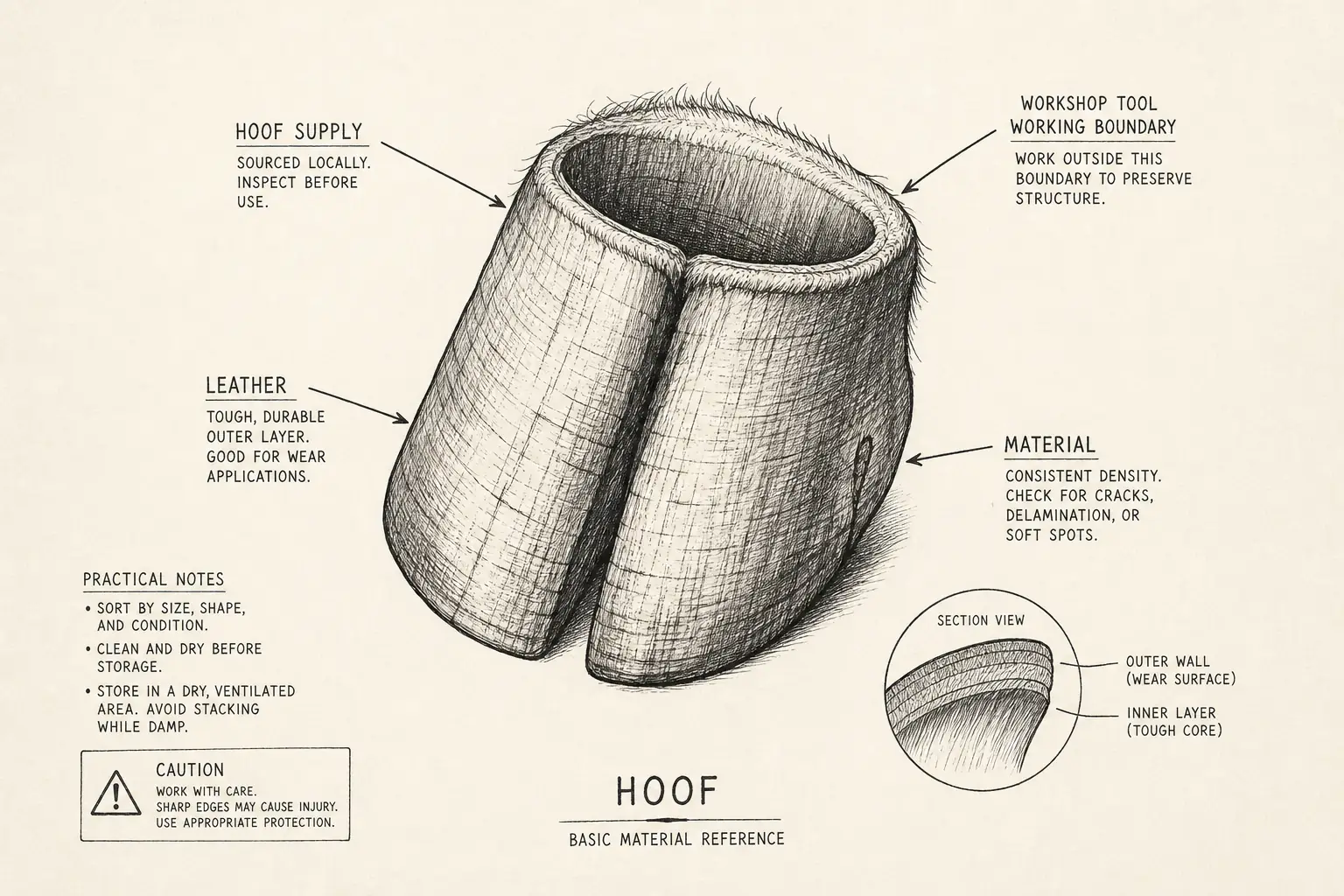 Field sketch of Hoof, highlighting hoof supply, leather, cutting edge, material.
