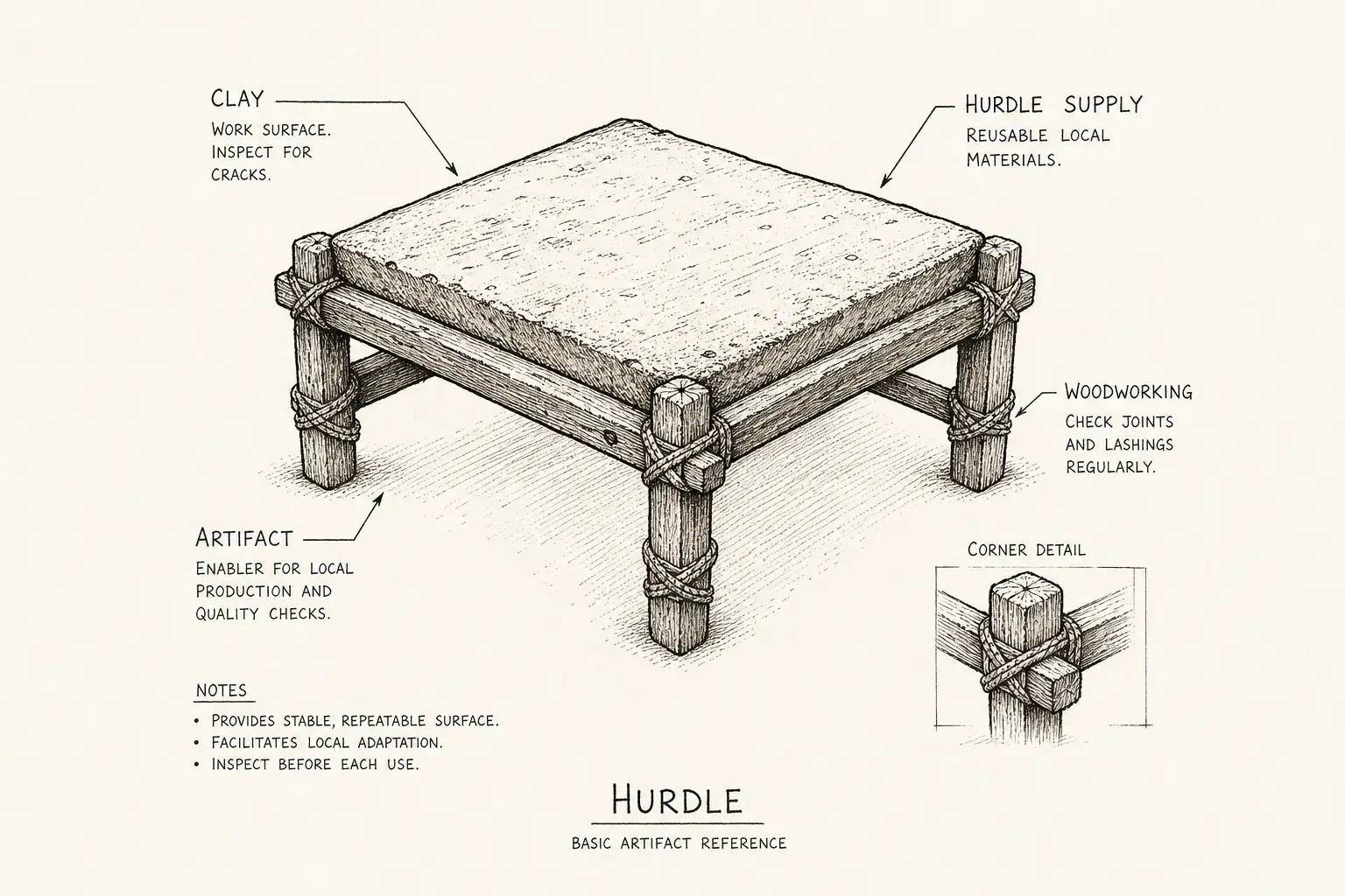 Field sketch of Hurdle, highlighting hurdle supply, clay, woodworking, artifact.