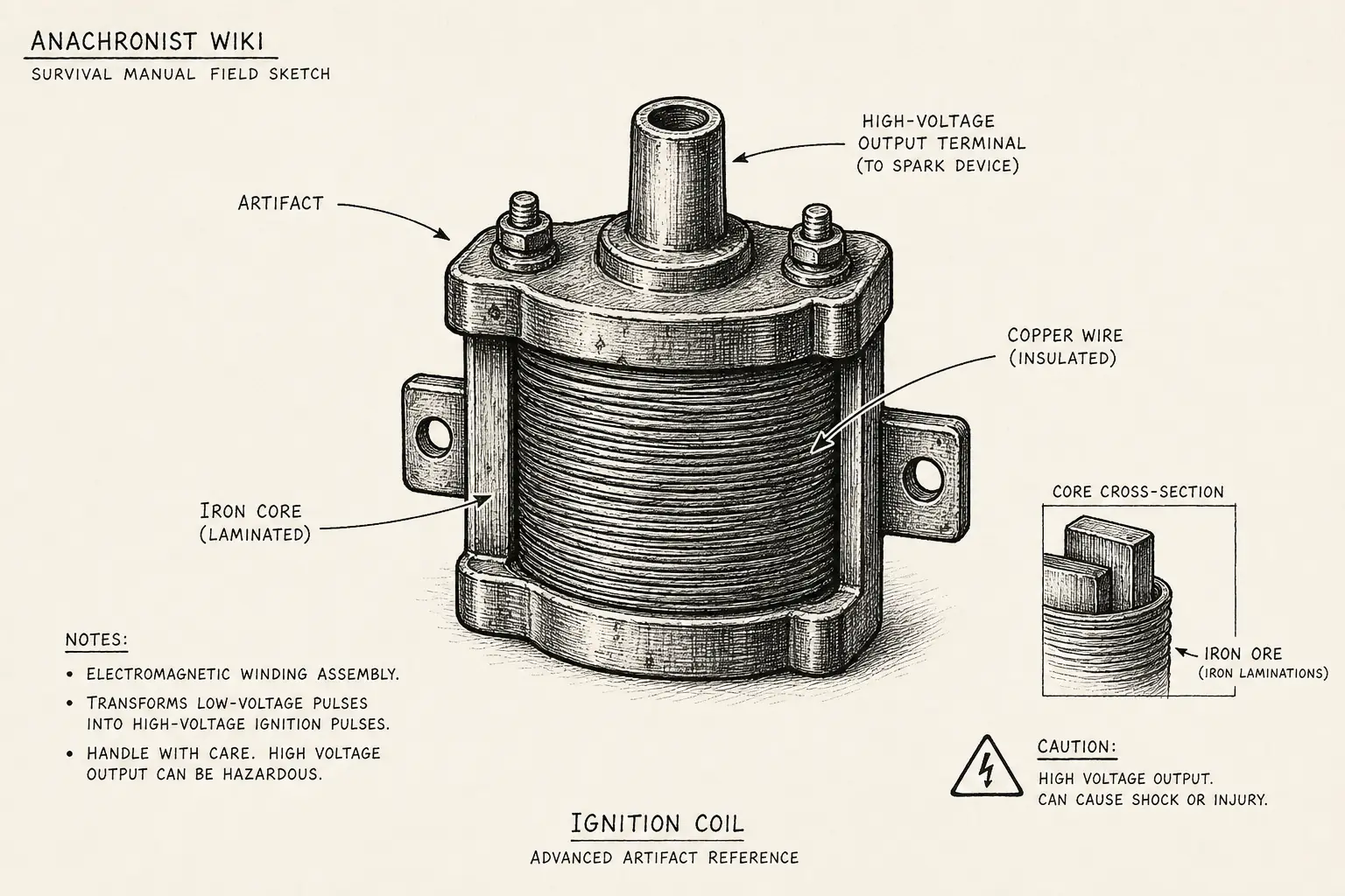 Field sketch of Ignition coil, highlighting copper wire, iron ore, iron core, artifact.