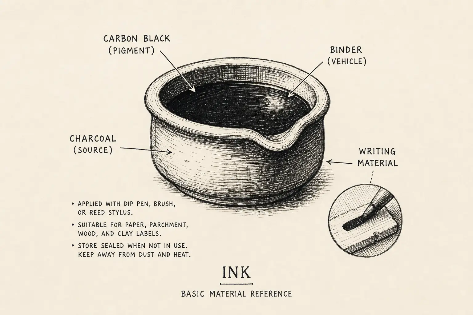 Field sketch of Ink, highlighting carbon black, binder, charcoal, writing.
