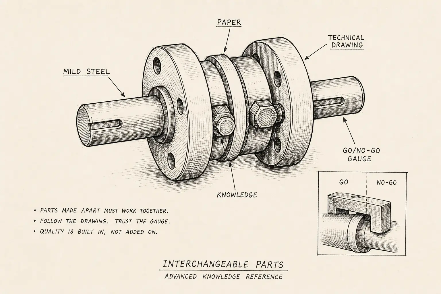 Field sketch of Interchangeable parts, highlighting mild steel, paper, technical drawing, go/no-go gauge.