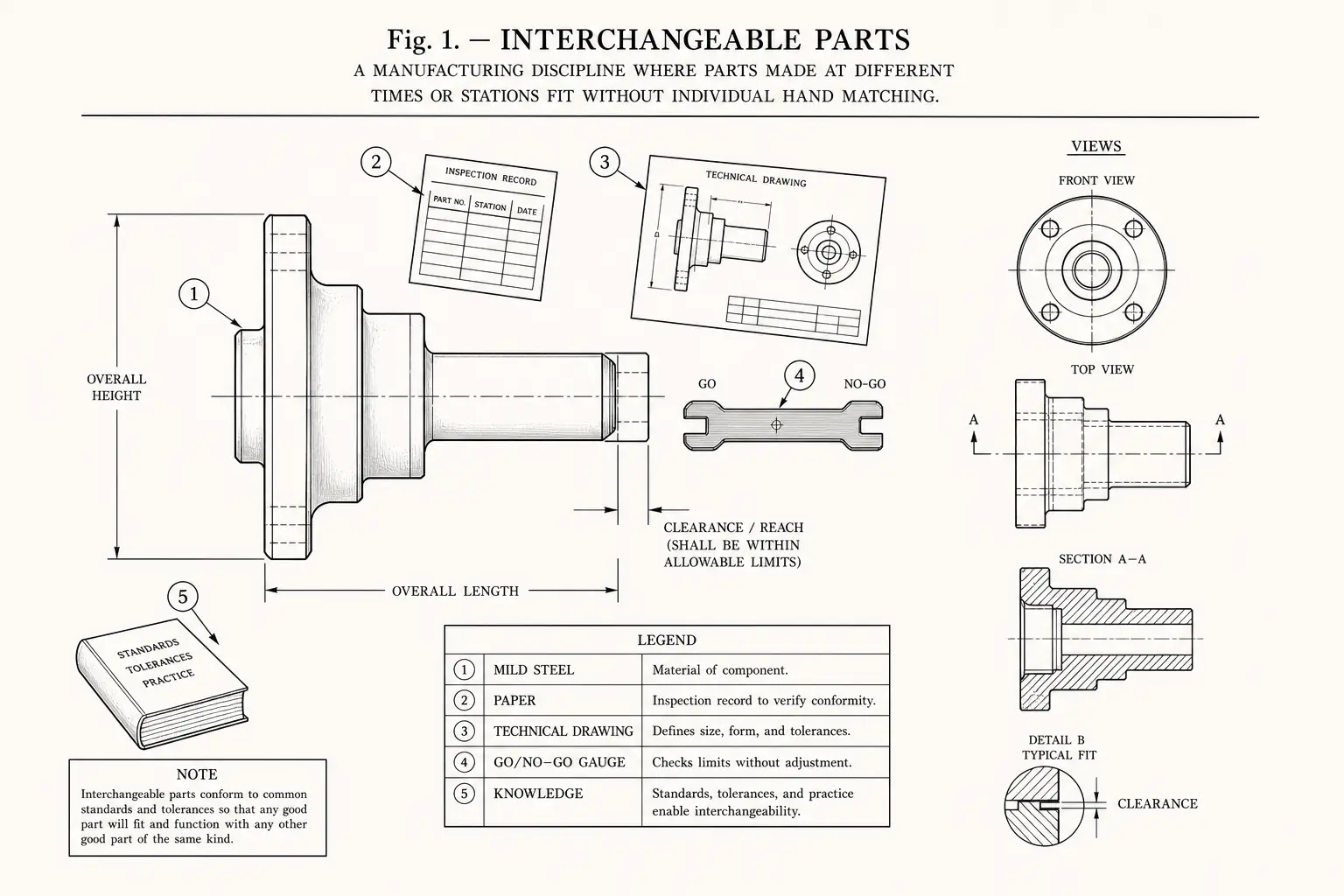 Schematic diagram of Interchangeable parts, highlighting mild steel, paper, technical drawing, go/no-go gauge and major working relationships.
