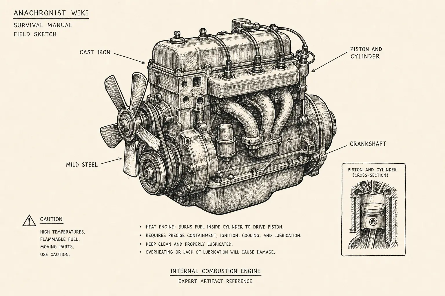 Field sketch of Internal combustion engine, highlighting cast iron, mild steel, piston and cylinder, crankshaft.